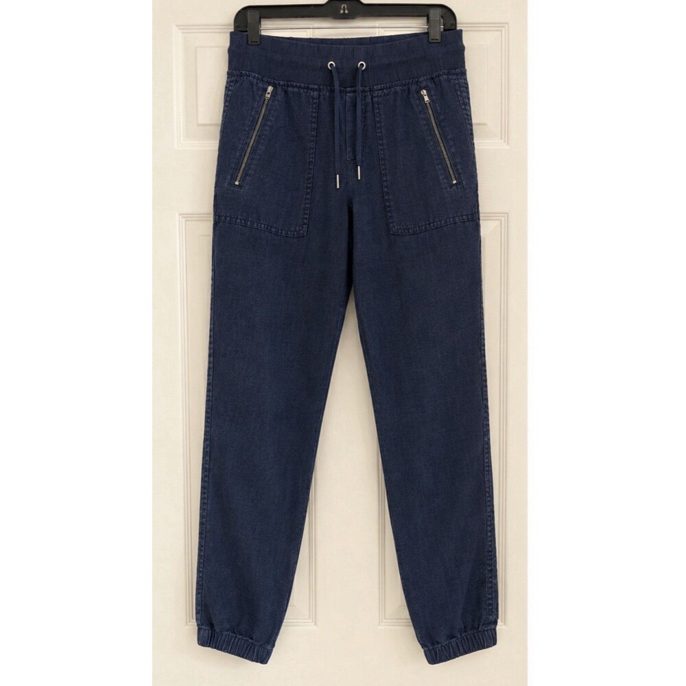 Athleta Cabo Linen Jogger Pants 2 Blue Denim Chambray Zipper Pocket
